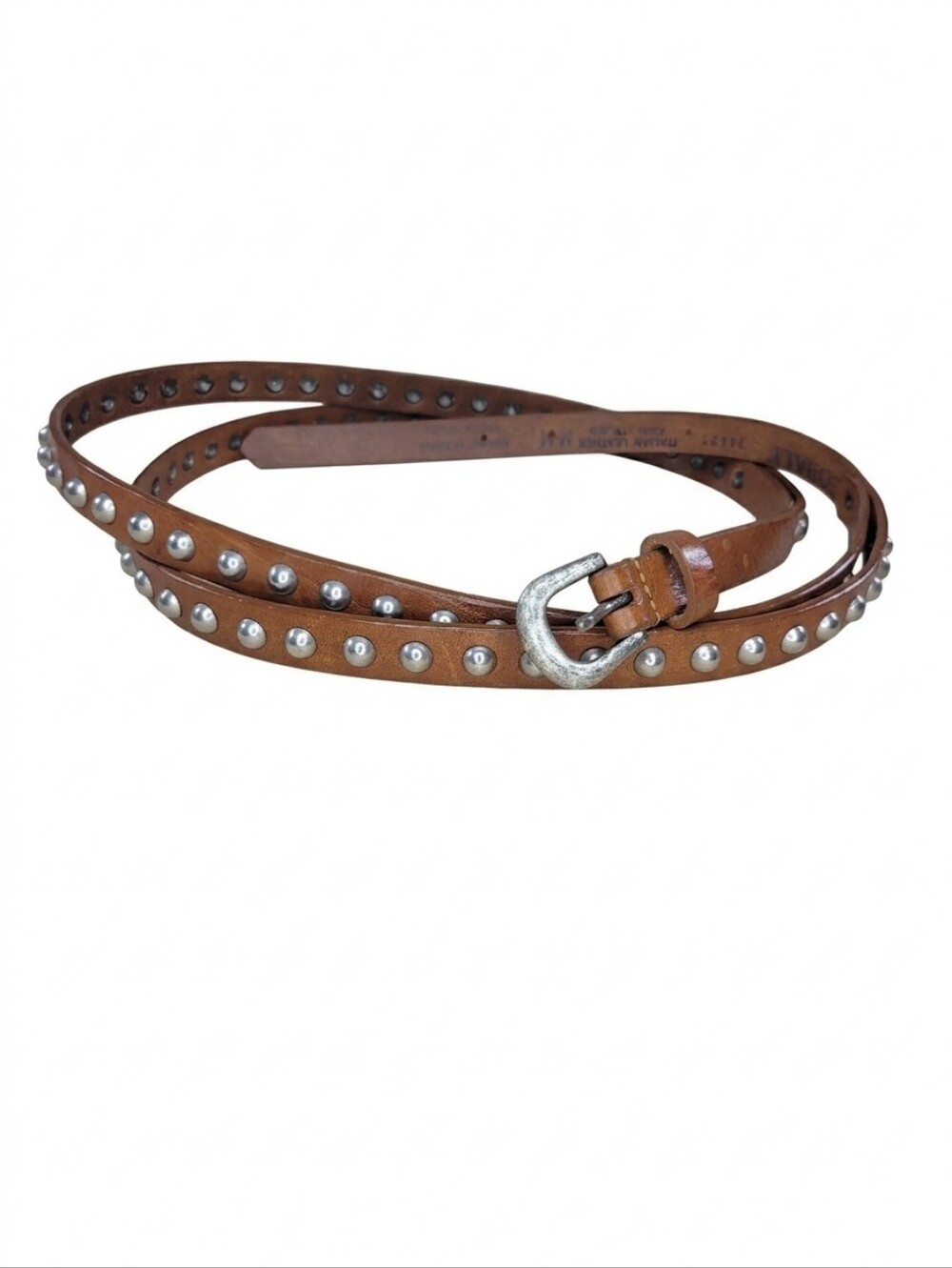 Cobalt Brown Italian Leather Double Layer Skinny Metal Studded Belt M/L